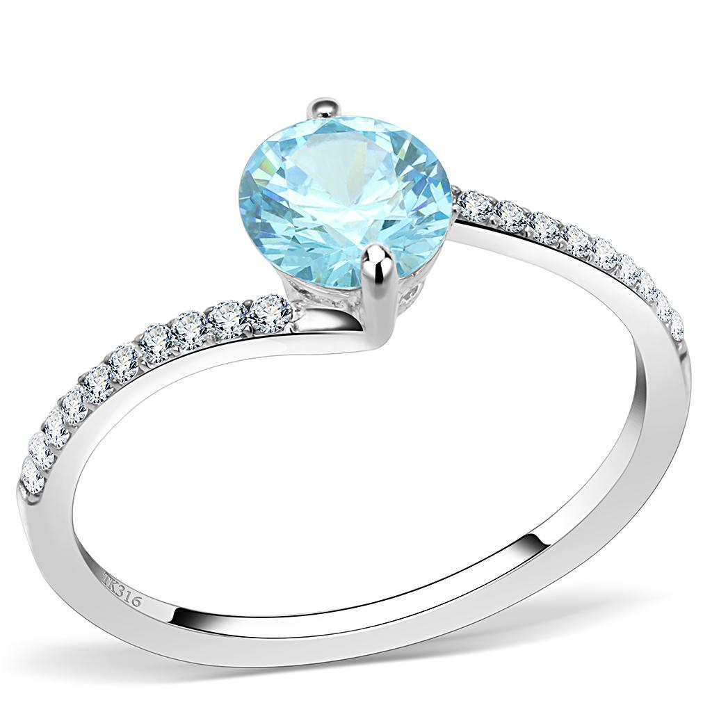 JCE014 High polished (no plating) Stainless Steel Ring with AAA Grade CZ  in Sea Blue