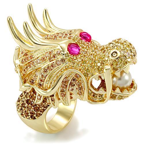 JCE1477 Imitation Gold Brass Ring with Synthetic Glass Bead in White