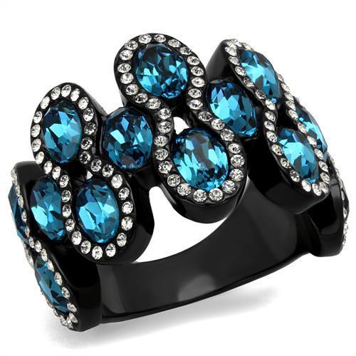 JCE2289 IP Black(Ion Plating) Stainless Steel Ring with Top Grade Crystal  in Aquamarine