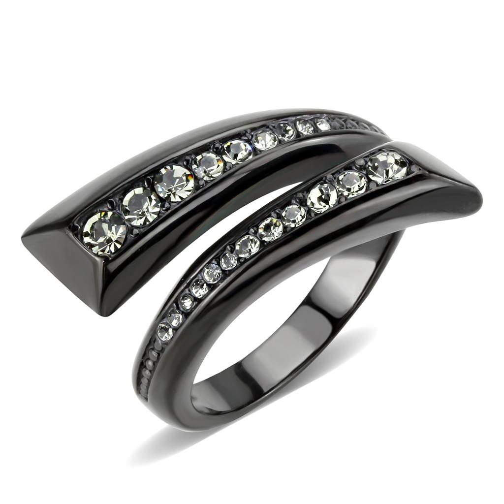 JCE3692 IP Black(Ion Plating) Stainless Steel Ring with Top Grade Crystal  in Black Diamond